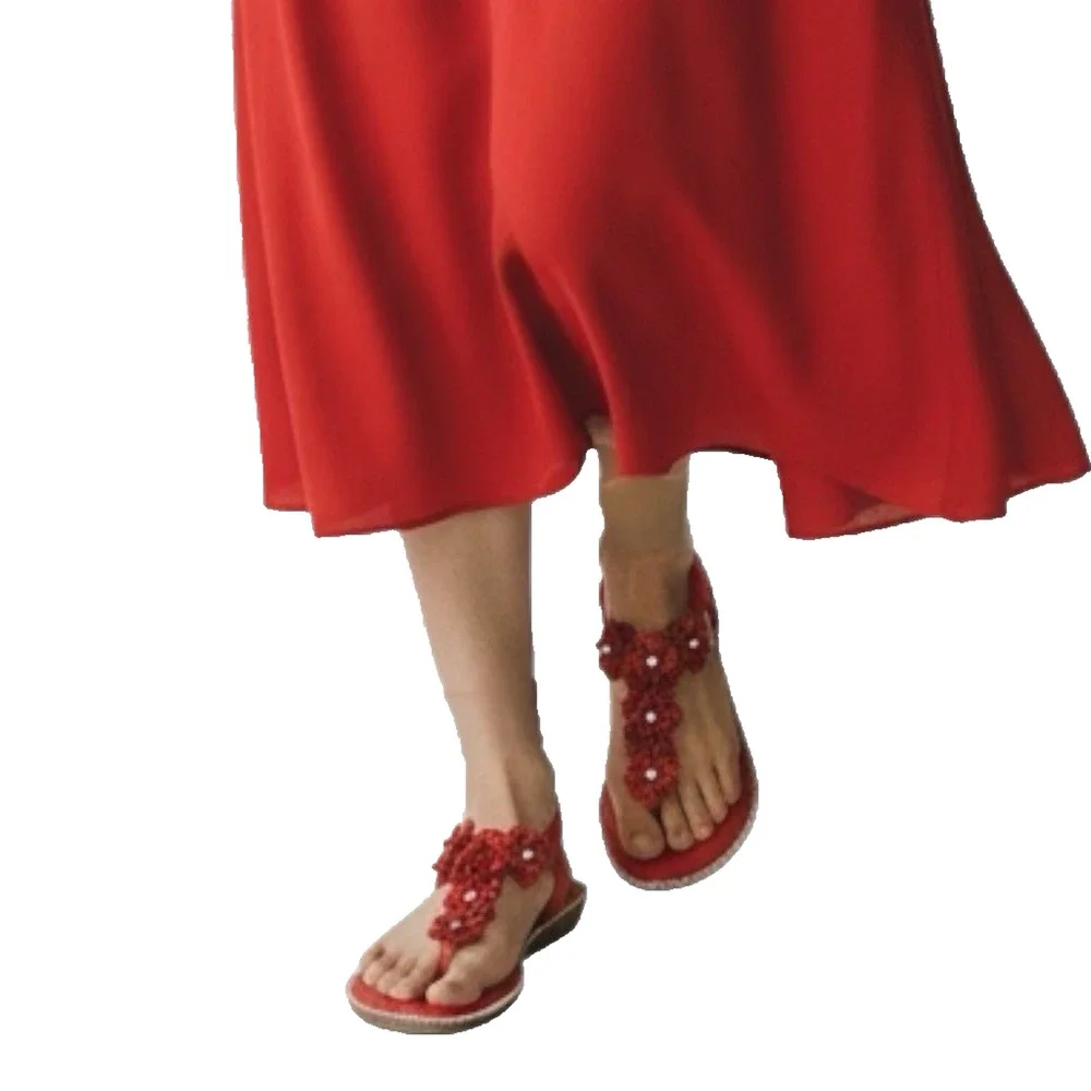 Atalina Red Beaded Floral Thong Sandals Size 8W Wide - Picture 4 of 11